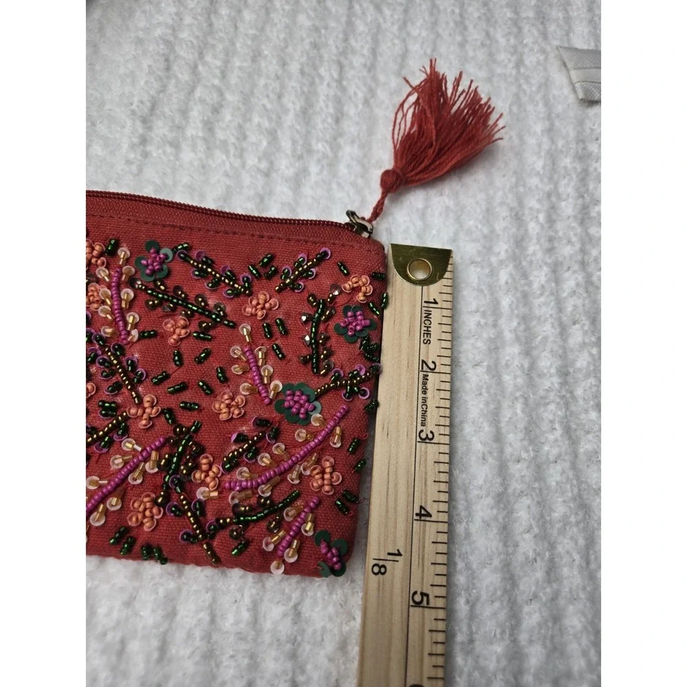 America & Beyond Bohemian style‎ small beaded pouch tassel red Linen blend